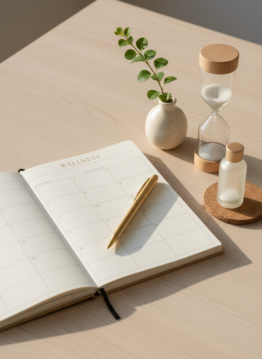 A serene wellness planning scene on a pale wooden table, with an open weekly planner displaying blank columns, a slim gold pen resting diagonally across the page, and a sleek sand hourglass slowly trickling fine grains. Nearby, a small, label-free frosted glass bottle of essential oil sits on a round cork coaster, accompanied by a single leafy green stem in a tiny ceramic bud vase. Soft, indirect afternoon light filters across the tabletop, creating gentle gradients and subtle reflections. Photographic realism from an eye-level, slightly angled perspective emphasizes clarity and order. The composition is clean and uncluttered, with negative space around the planner to suggest focus and mental clarity, perfectly suited for a wellness blog article on scheduling self-care and building sustainable healthy habits.