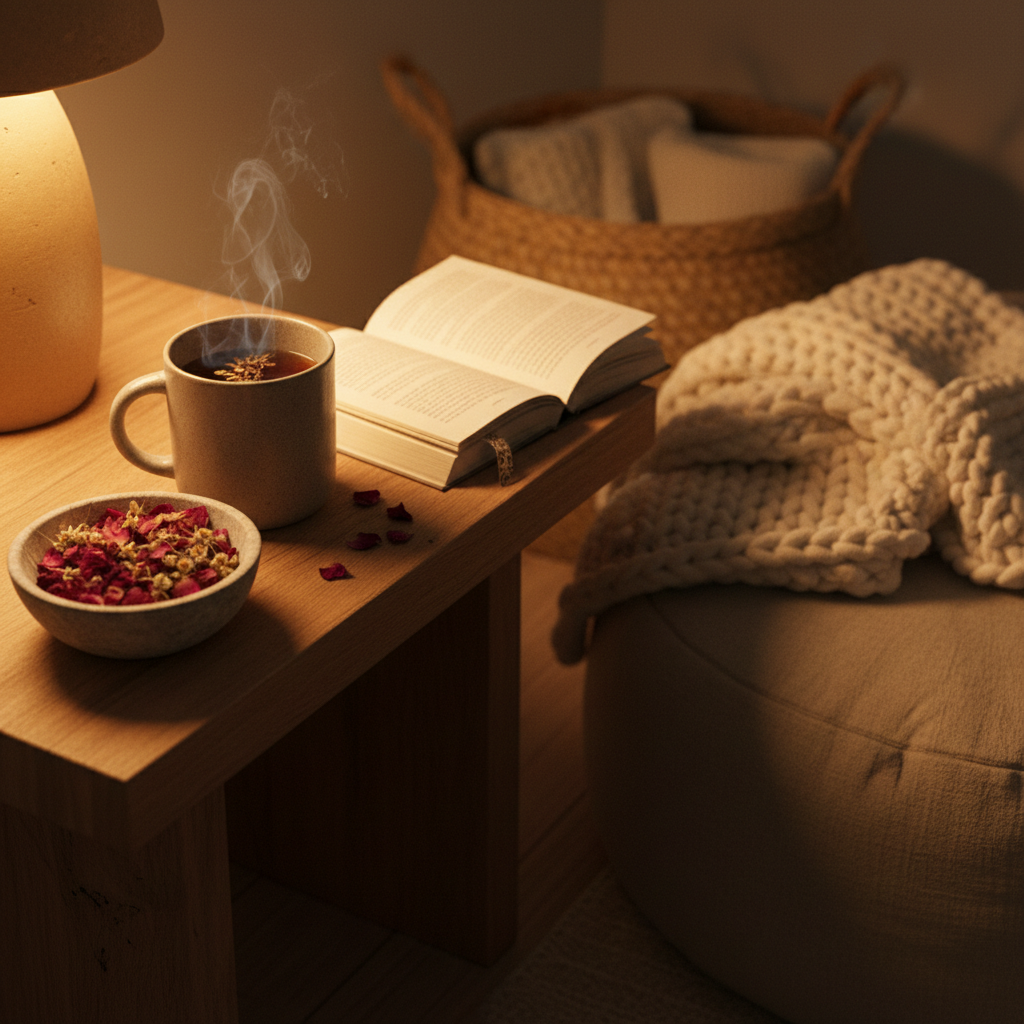 A cozy evening self-care corner with a low, natural wood side table holding a steaming ceramic mug of herbal tea, a small open hardcover book, and a shallow stone bowl filled with dried rose petals and chamomile blossoms. Beside the table lies a thick, textured knit blanket draped over a neutral-toned cushion, with a woven basket partially visible in the softly blurred background. Warm, golden lamplight falls from the upper left, casting gentle, enveloping shadows and creating a calm, cocoon-like atmosphere. Shot from a slightly elevated, close-up perspective in photographic realism, the composition uses the rule of thirds to draw attention to the tea and book, perfectly illustrating a realistic, at-home wind-down ritual for a wellness and self-care blog.