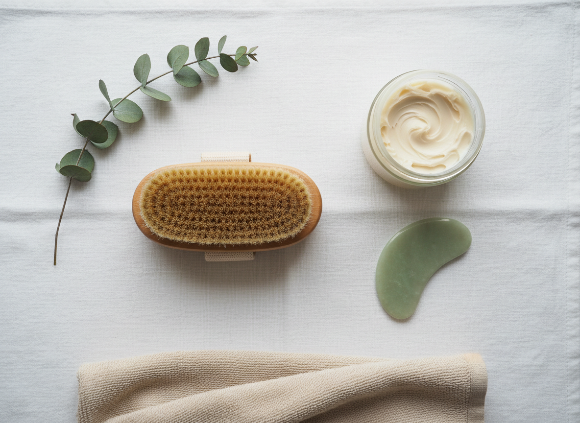 A fresh morning body-care flat lay arranged on a white linen surface, featuring a dry body brush with natural bristles, an open jar of thick, creamy body butter with a subtle swirl texture, a jade-toned gua sha stone, and a sprig of eucalyptus. A soft beige cotton towel is partially folded along one edge, adding warmth and texture. Gentle overcast window light from the top of the frame creates delicate, shadowless illumination, enhancing the tactile qualities of the bristles and cream. Photographic realism with a top-down, bird’s-eye composition keeps every element in sharp focus, organized in a clean, modern grid. The mood is fresh, simple, and practical, ideal for illustrating an actionable body-care routine or step-by-step wellness guide on a professional blog.