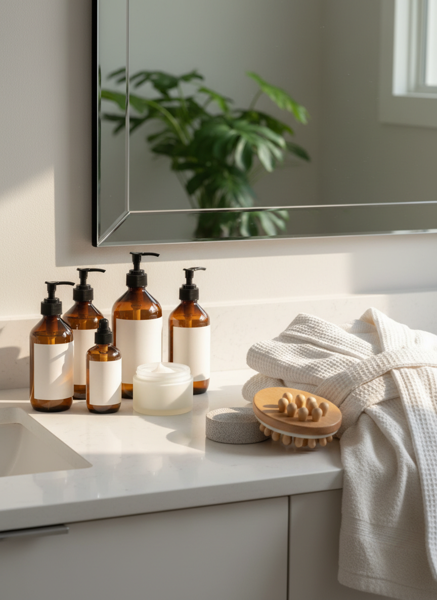 An elegant bathroom vanity scene featuring a collection of minimalist, label-free amber glass pump bottles and frosted jars arranged on a smooth white quartz countertop. A folded cotton robe and a neatly rolled oatmeal-colored towel rest beside a natural pumice stone and a wooden body massage tool. Soft diffused daylight enters from the side, reflecting off a frameless mirror that hints at a leafy plant in the blurred background. The lighting creates gentle highlights on the glass and subtle shadows along the counter. Captured at eye level with photographic realism and balanced composition, the image feels professional, warm, and spa-like, conveying everyday body care rituals and accessible self-care for a wellness article about building a nurturing bathroom routine.